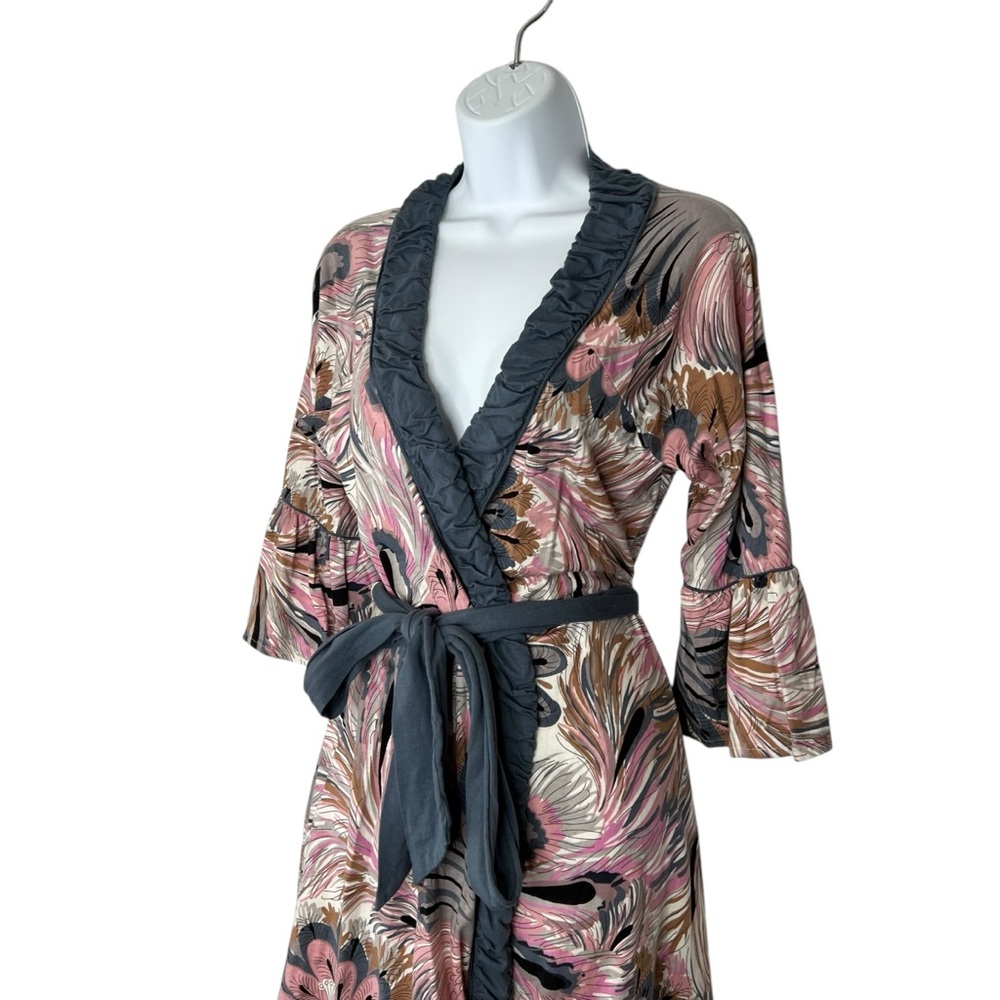 Women's Printed Short Robe with Ruffle Trim - Pink Multi - Picture 3 of 15